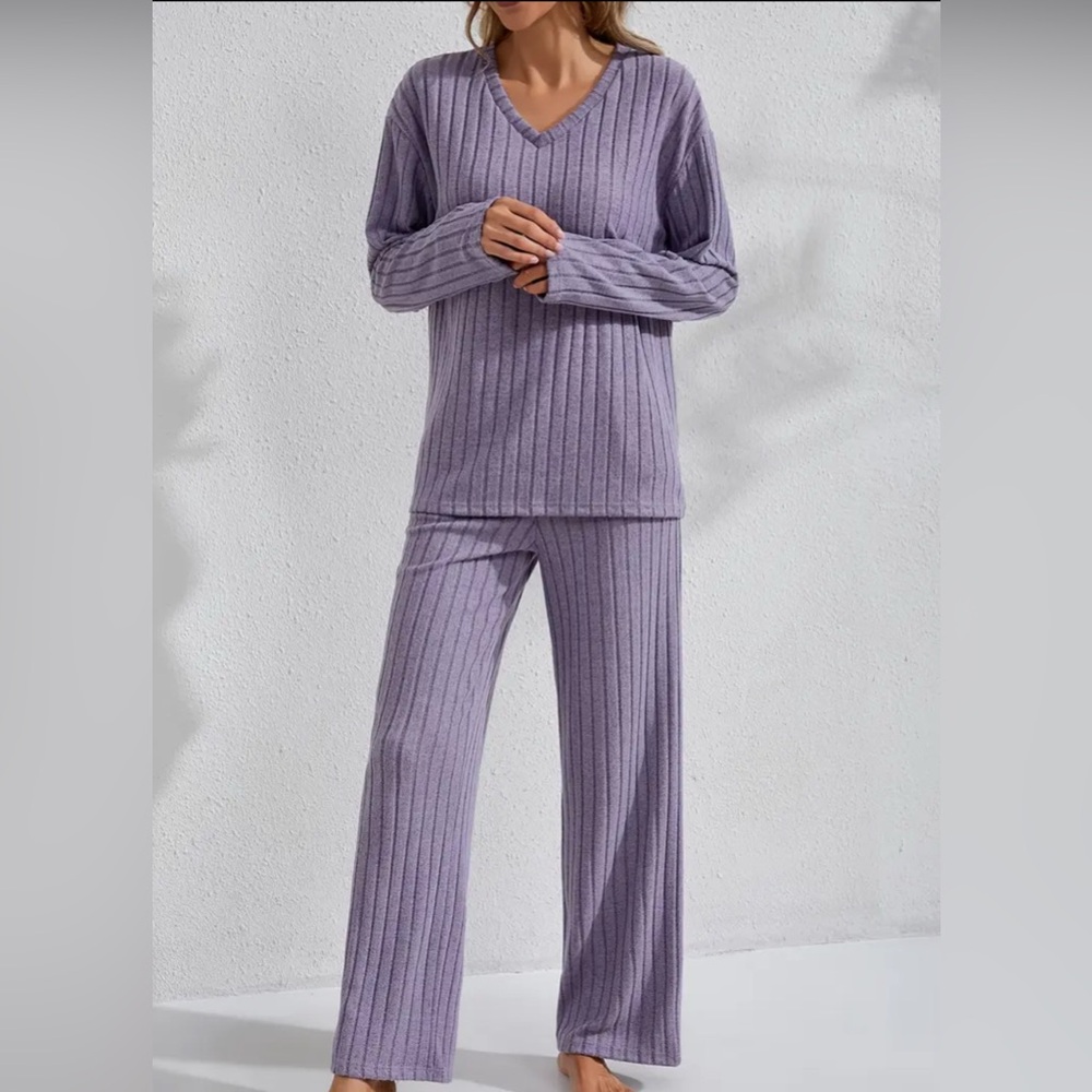 Lounge Set Cozy Purple Ribbed V Neck M Wide Leg High Waist new boutique - Picture 5 of 6